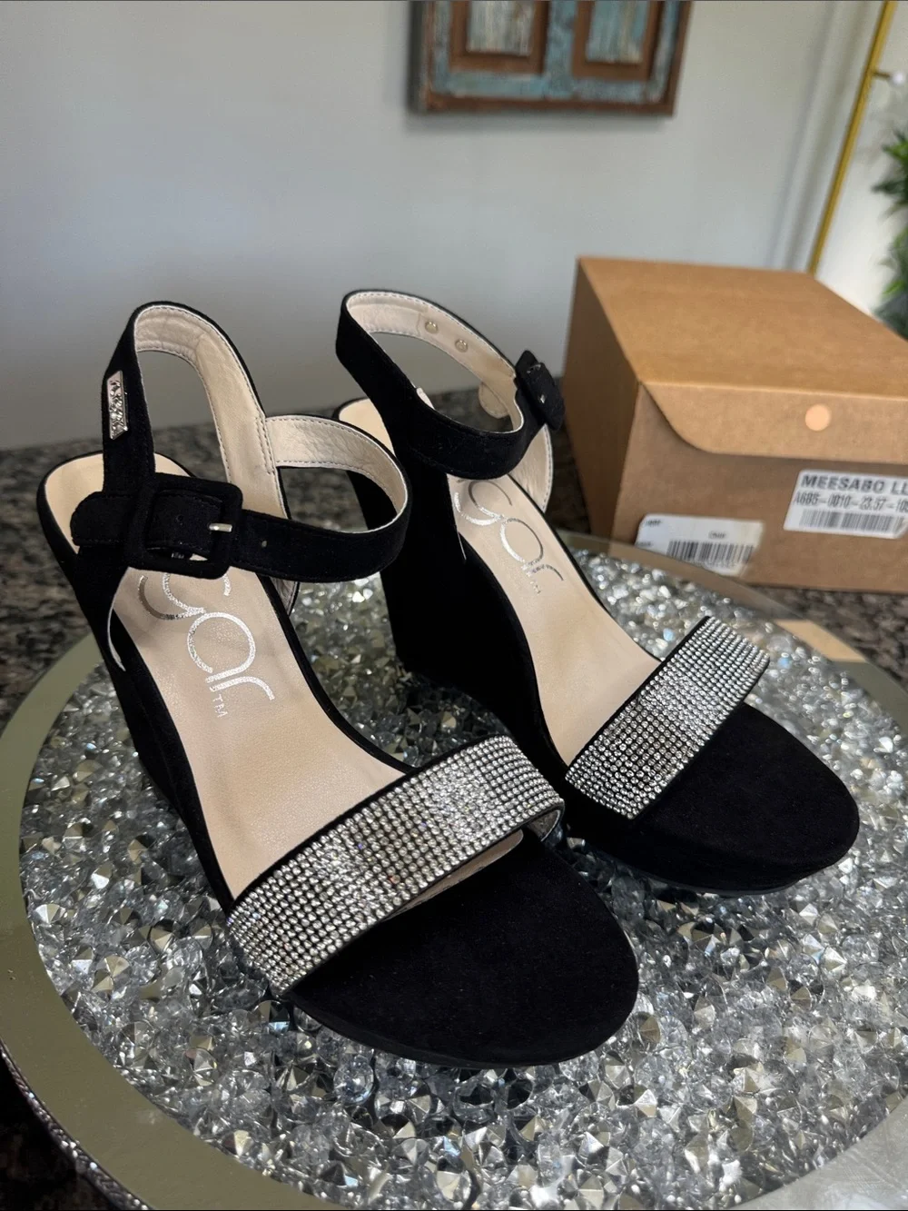 Sugar Black Wedge Sandals with Crystal Front Strap NEW 8.5